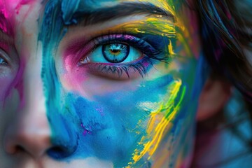 Close up of a woman's face covered in vibrant, colorful makeup, highlighting artistic expression and individuality