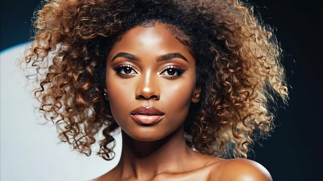 Portrait of successful beautiful african american woman with stunning curly hair on black dark background with copy space. Confident girl looking at camera. Fashionable makeup