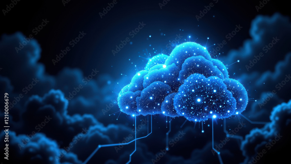 Poster tech-inspired cloud formation with lightning striking into the digital atmosphere.