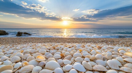 Shells blanket the beach as the sun sets, illuminating the ocean waves with a warm and inviting glow
