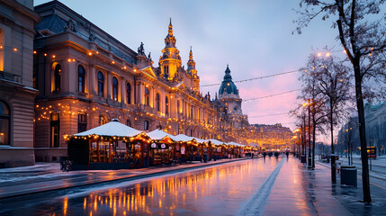 View of a baroque house next to a christmas market in Budapest, Hungary.