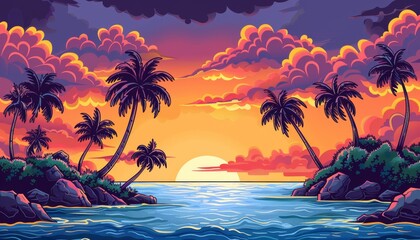 Vibrant sunset over a tropical beach with palm trees and a calm ocean.