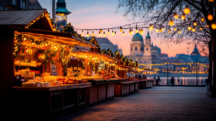 View of a baroque house next to a christmas market in Budapest, Hungary.