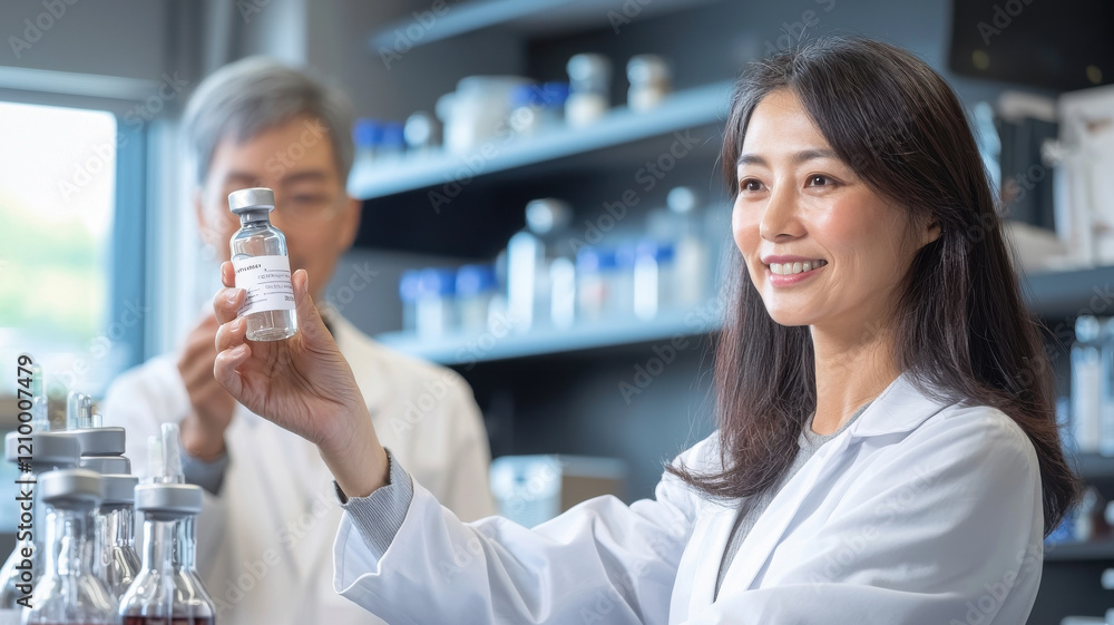 Aufkleber scientist smiles while examining vial in laboratory setting