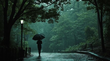 Dark Silhouette of a Person Walking Briskly Under an Umbrella