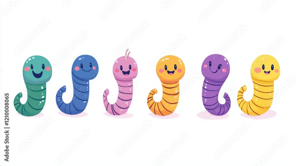 Aufkleber cute and simple illustration of colorful long thin smiling worm characters for fun and playful desig