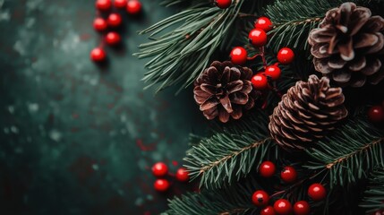 Festive Pine Tree Branches with Red Berries and Cones in Winter Landscape