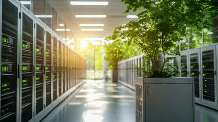 Server room with digital trees growing from servers, sunlight streaming in
