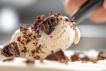 This image features a beautifully captured scoop of chocolate ice cream adorned with chocolate chunks, conveying a sense of luxury and culinary excellence.