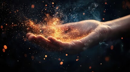 Fototapeta premium Glowing ink spreading from an artist s hand to form galaxies, symbolic freedom, 3D illustration