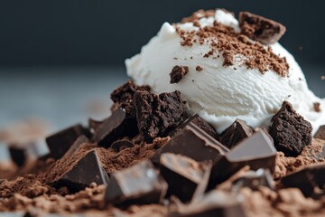 A stunning composition of a heap of chocolate ice cream, cocoa powder, and chunks of chocolate embodies richness and indulgence, perfect for a gourmet dessert showcase.