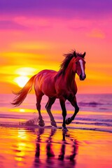 Horse Runs Gracefully Along the Beach at Sunset, Its Muscles and Shiny Coat Highlighted by the Vibrant Colors of the Sky and Water