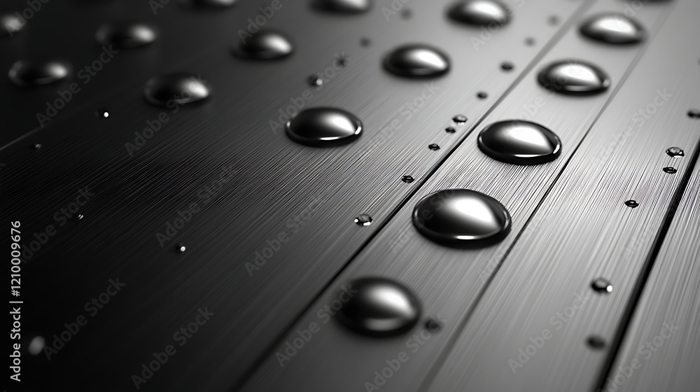 Poster metallic surface with water droplets: a close-up shot of a sleek metallic surface with shimmering wa