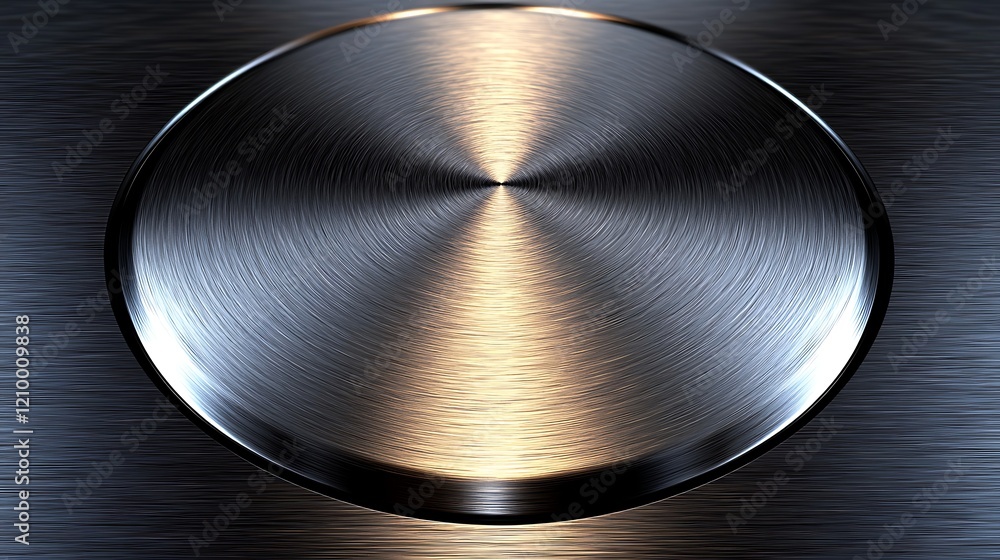 Poster circular brushed metal: a close-up macro shot of a circular brushed metal button, reflecting light a