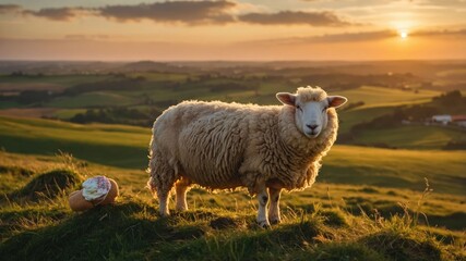Obraz premium A sheep stands on a hillside at sunset, with a bun nearby, showcasing a serene landscape.
