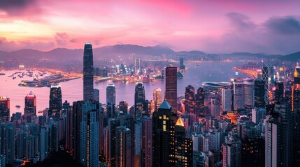 Obraz premium Breathtaking Sunset Cityscape of Bustling Hong Kong Financial District