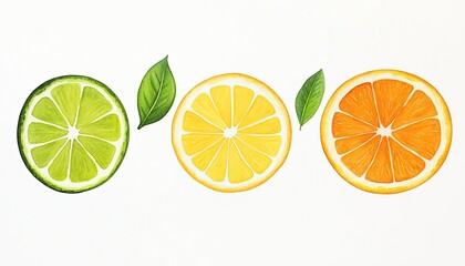 Fototapeta premium Vibrant watercolor illustration of lime, lemon, and orange slices with green leaves