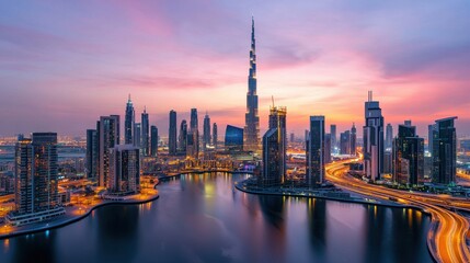 Fototapeta premium Breathtaking Skyline of Dubai s Modern Cityscape at Mesmerizing Sunset