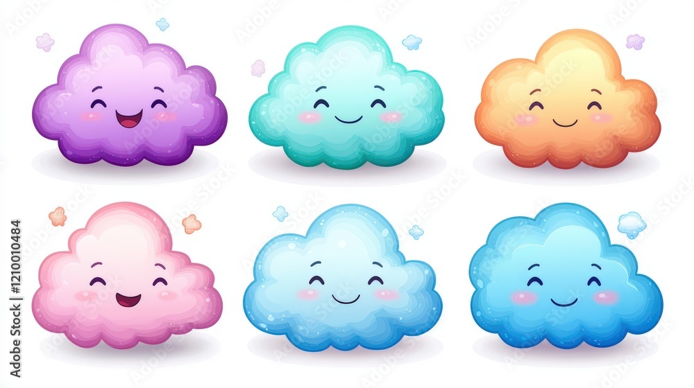 Poster cute and simple round fluffy clouds smiling in different colors for whimsical illustrations and desi