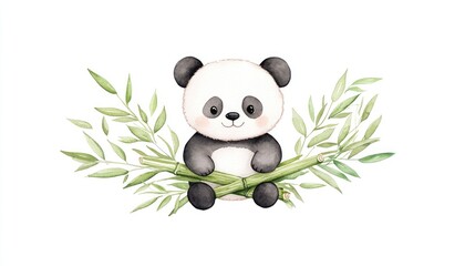 Obraz premium Cute panda character sitting on bamboo with green leaves, playful and cheerful atmosphere