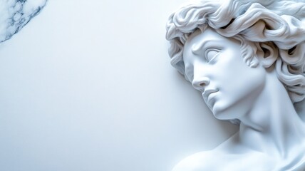 White marble statue depicting young Caucasian male with intricate curly hair and contemplative expression