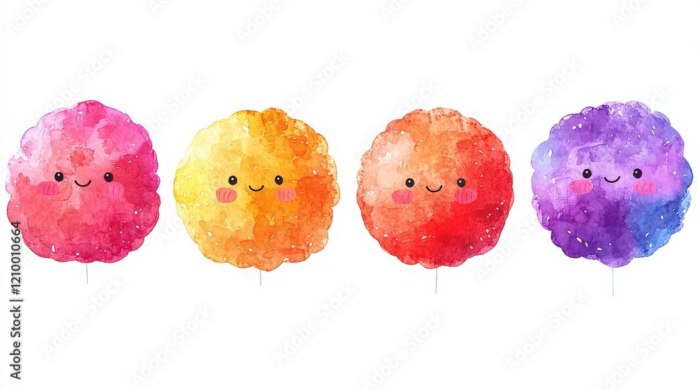Poster cute and simple illustration of round fluffy smiling clouds with soft colors and playful expressions