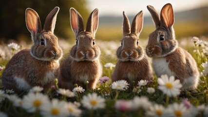 Fototapeta premium Four rabbits sitting in a field of daisies during golden hour.