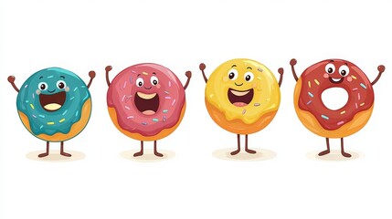 Obraz premium Cute and Colorful Round Characters of Happy Doughnuts with Smiling Faces and Cheerful Expressions in a Simple Design