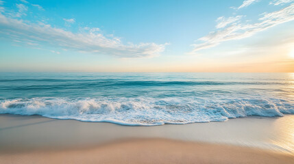 Beautiful Beach with Calm Waves Under a Clear Blue Sky at Sunrise : Generative AI