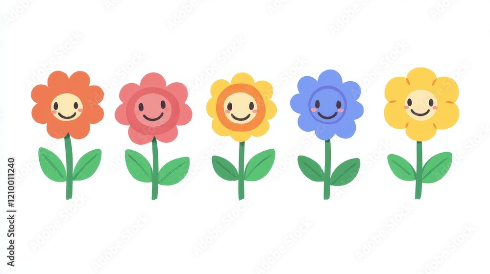 Poster cute simple illustration of round happy flower characters displaying joyful expressions in various c