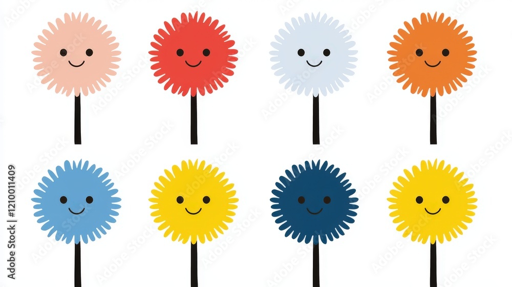 Poster cute and simple illustrations of happy round flower characters with smiling faces in varied colors