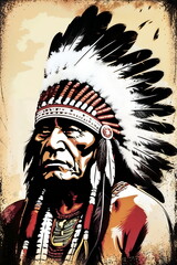 Indian chief with a feathered headdress, grunge style illustration