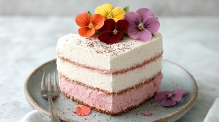 valentine dessert sweet decadent concept, A beautifully layered cake adorned with colorful edible flowers, showcasing a delightful design perfect for celebrations.