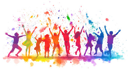 An icon of a playful Holi scene with people dancing and throwing colors on a white background