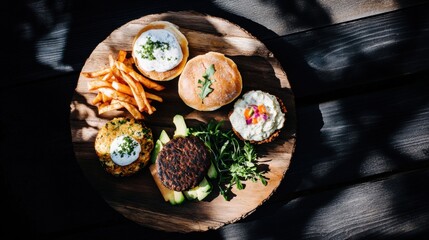 Mini burgers with black bean patty and avocado on a rustic wooden platter