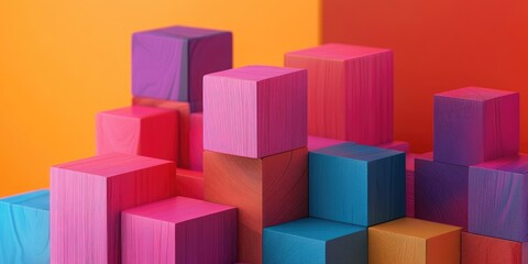 Obraz premium Colorful stacked blocks in vibrant hues of pink, purple and blue on a bright orange backdrop creating an inspiring and playful atmosphere
