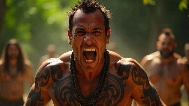 Polynesian man performing a powerful Maori haka war dance, with intense expression and stance