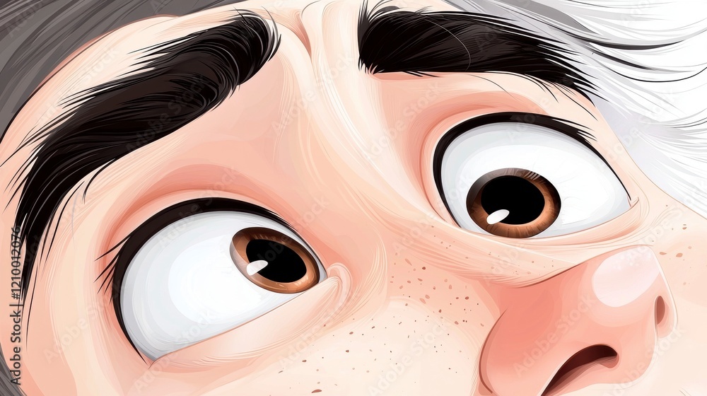 Poster surprised expression close-up animated character digital art studio setting eye level emotion repres