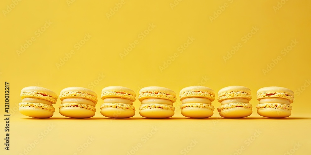Poster vibrant yellow macarons arranged in a line on a matching yellow background creating a cheerful and i