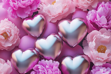Fototapeta premium Heart-shaped decorations surrounded by pink flowers in a soft and romantic display at a celebration