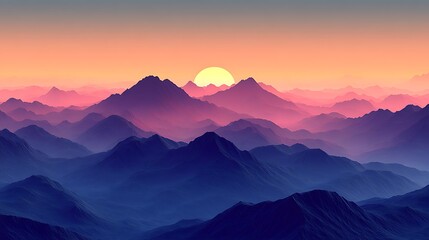 Sunset Over Mountain Ranges: A majestic panorama of rolling mountain ranges, bathed in the ethereal glow of a vibrant sunset, evokes a sense of tranquility and wonder. The setting sun casts a warm.