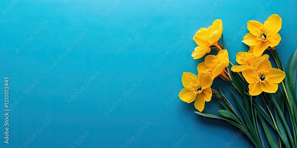 Poster vibrant yellow flowers arranged in a cluster on a calming blue background for mothers day spring the