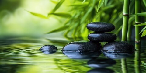 Serene arrangement of stacked black basalt stones on rippling water with vibrant green bamboo in background for a peaceful spa ambiance