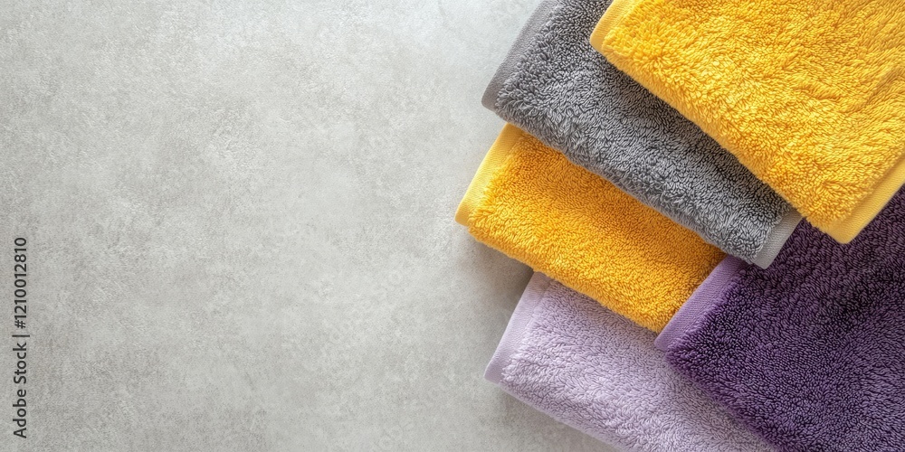 Poster colorful flat lay of yellow gray and lilac bath towels stacked on a textured surface with ample copy