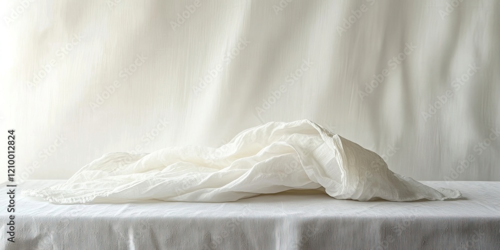 Poster wrinkled white napkin elegantly draped on a smooth white tablecloth against a soft white backdrop cr