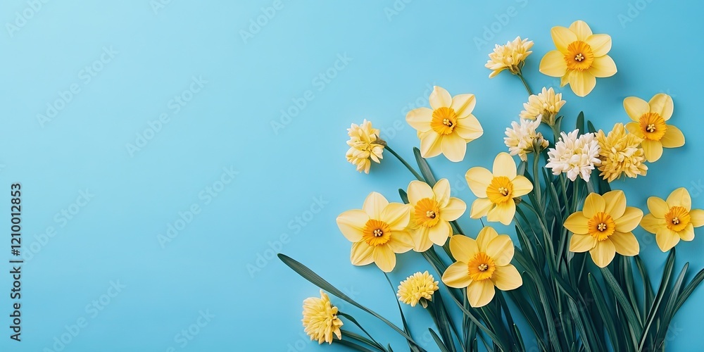 Poster bright yellow flowers including daffodils arranged on a soft blue background with ample empty space 