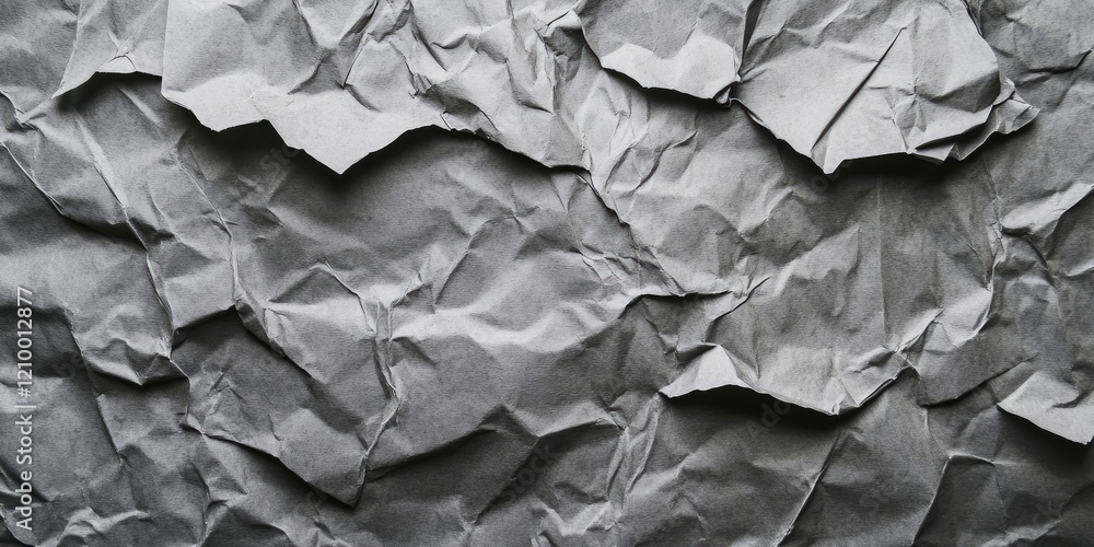 Poster textured wrinkled gray paper backdrop featuring a variety of folds and crinkles in a monochromatic c