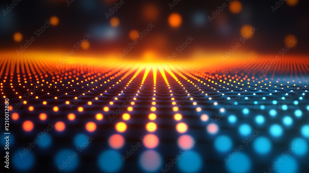 Poster digital horizon: an abstract futuristic landscape featuring an array of vibrant glowing dots in shad