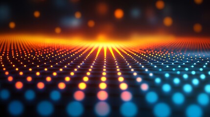 Fototapeta premium Digital Horizon: An abstract futuristic landscape featuring an array of vibrant glowing dots in shades of blue, orange, and red, illuminating a boundless digital horizon. The perspective.