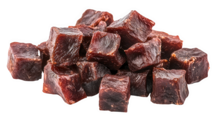 a pile of small. cubed pieces of dried meat. likely jerky. arranged neatly to highlight their texture and color this food item is often enjoyed as a snack due to its portability and high protein conte